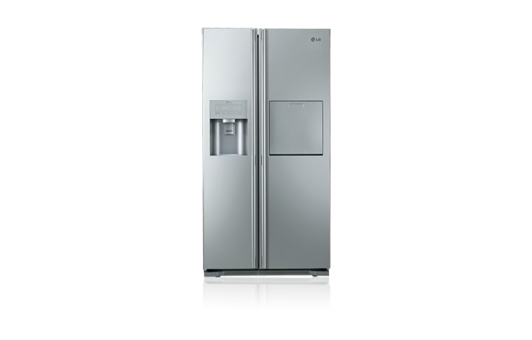 Vorderseite von Side-by-Side-Kühlschrank mit Brushed Steel-Front, Total No Frost-Technologie, Fresh O Zone, V Fresh und Eis-/Wasserspender GS5162AELV