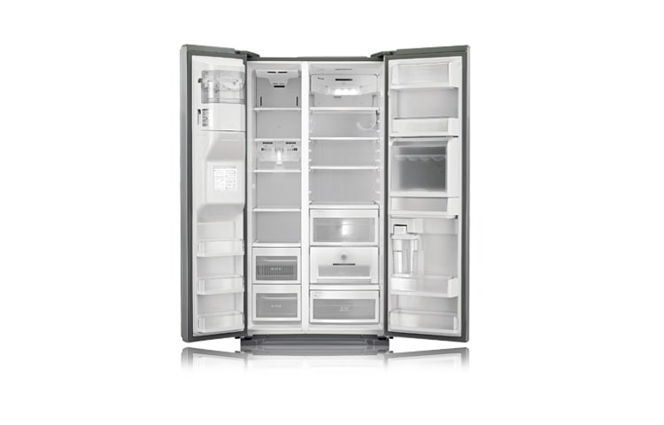 LG Side-by-Side Kühlschrank mit 527 l Nutzinhalt, Frische-Highlights wie Fresh O Zone sowie Eis-, Crushed Eis- und Wasserspender. Ein Festwasseranschluss ist nicht notwendig., GS5162AELZ