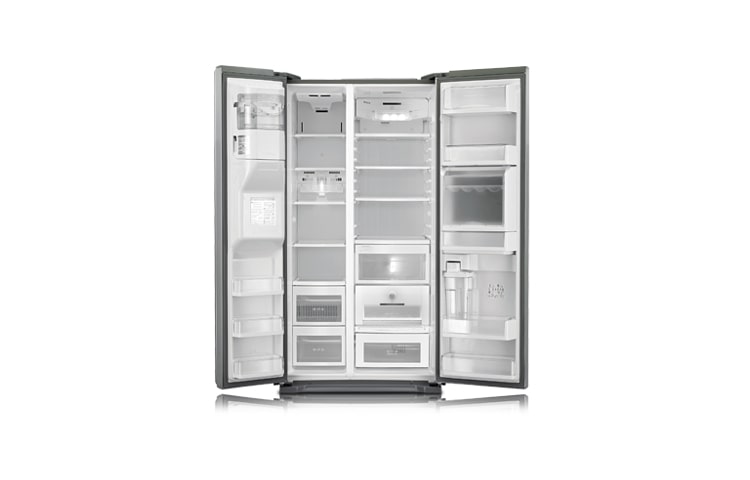 LG Side-by-Side-Kühlschrank in stylischem Desgin mit kurzen Griffen und edler Premium Platin-Front. Maximaler Komfort dank innovativer Frische-Features wie Fresh O Zone., GS5162PVLV1