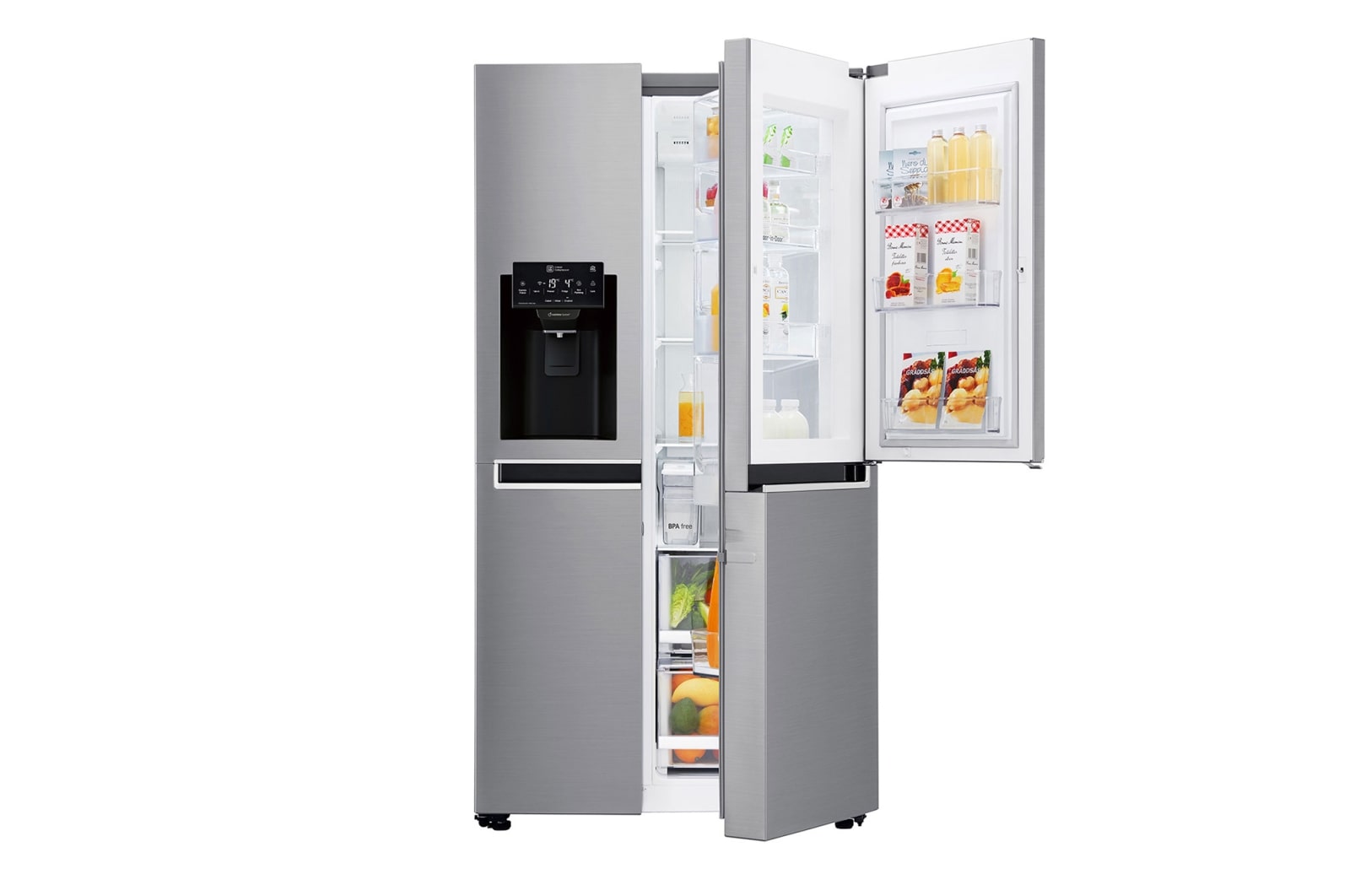 Vorderseite von Side-by-Side mit Door-in-Door® |  Eis-, Crushed Ice- und Wasserspender  | 625 Liter Kapazität | Energieeffizienzklasse E | Interner Wassertank 4L | Grau | GSJ471DIDZ GSJ471DIDZ