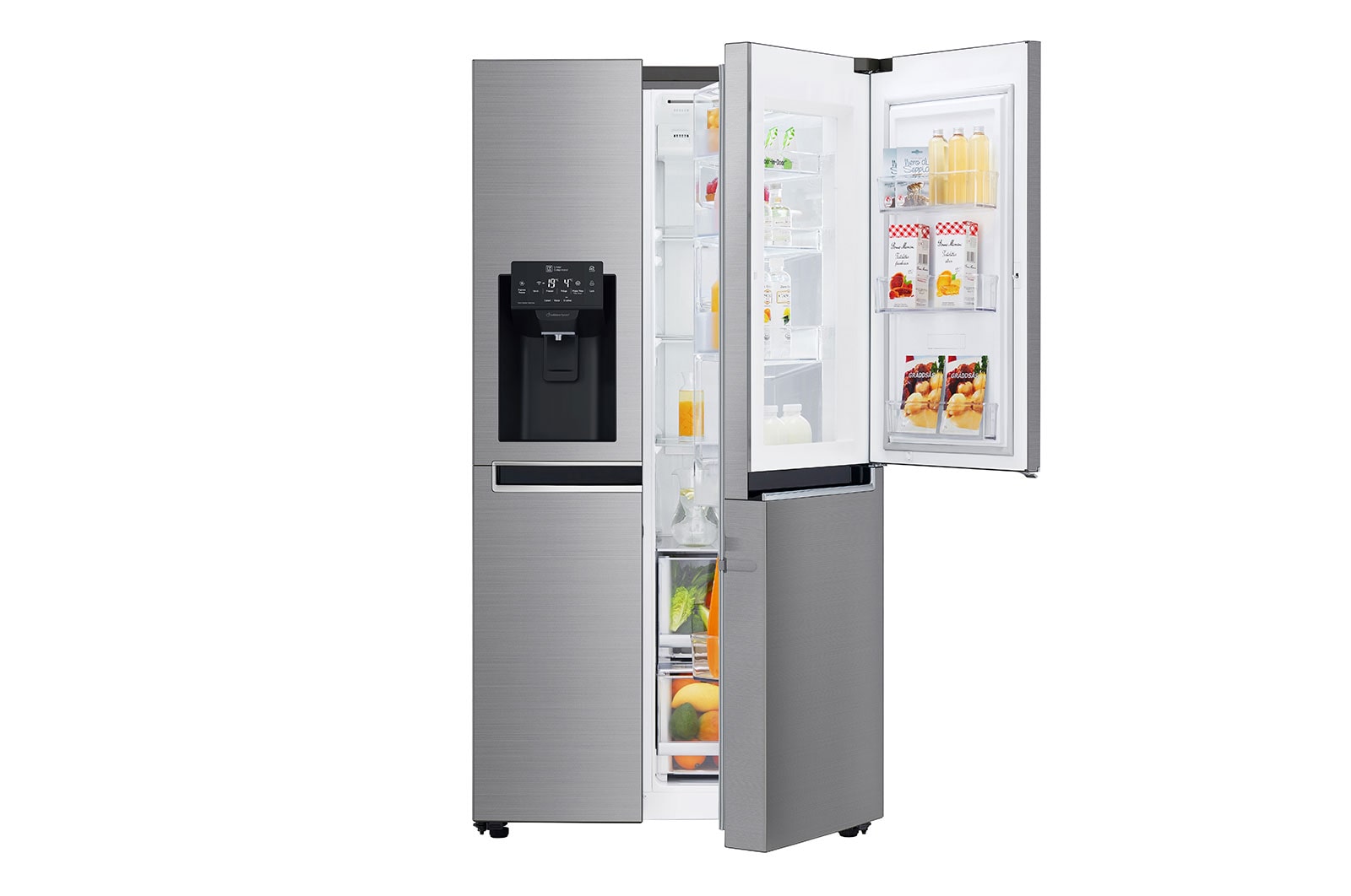 Vorderseite von Side-by-Side mit Door-in-Door® |  Eis-, Crushed Ice- und Wasserspender  | 625 Liter Kapazität | ​Energieeffizienzklasse​ F | Festwasseranschluss | Steel | GSJ760PZZZ GSJ760PZZZ