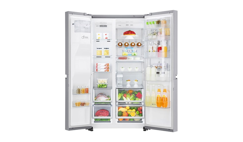 LG Side-by-Side mit Door-in-Door® |  Eis-, Crushed Ice- und Wasserspender  | 625 Liter Kapazität | Energieeffizienzklasse F | Interner Wassertank 4L | Edelstahl | GSJ961NEAZ, GSJ961NEAZ