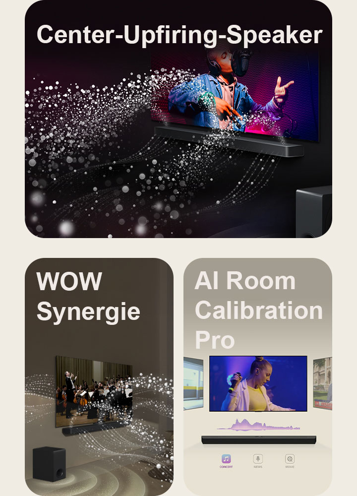 LG TV und LG Soundbar in einem schwarzen Raum bei der Wiedergabe einer Musikaufführung. Von der Soundbar kommen weiße Tröpfchen, die Schallwellen darstellen, nach oben und nach vorne, während der Subwoofer von unten einen Klangeffekt erzeugt. LG TV und LG Soundbar in einem Wohnzimmer bei der Wiedergabe einer Orchesteraufführung. Von der Soundbar gehen weiße Tröpfchen, die Schallwellen darstellen, nach oben und nach vorne und projizieren vom Fernseher, während der Subwoofer von unten einen Klangeffekt erzeugt. LG TV, LG Soundbar, hintere Lautsprecher und ein Subwoofer befinden sich in einem Wohnzimmer. Über dem Raum wird ein Raster eingeblendet, das wie ein Scan des Raums wirkt. Weiße Klangwellen aus Tröpfchen zeigen das harmonische Zusammenspiel der hinteren Lautsprecher und der Soundbar.
