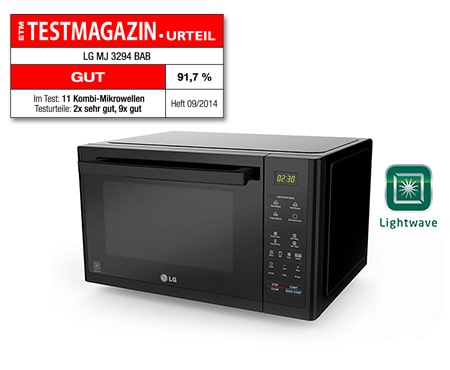 Vorderseite von Lichtwellenofen mit Carbon Heizelement, Heißluft und 26 Programmen MJ3294BAB
