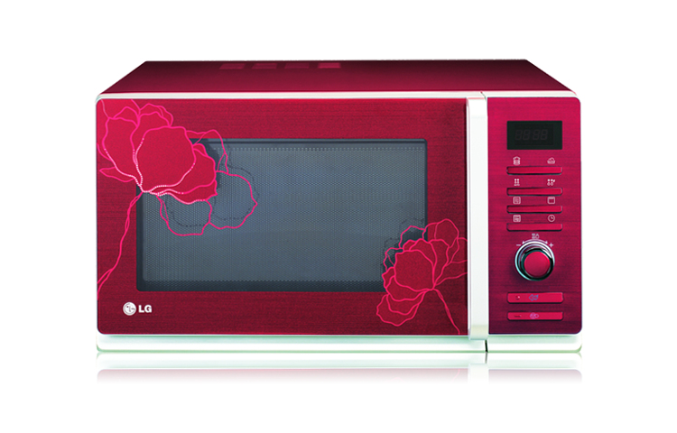Vorderseite von 2-in-1-Mikrowelle in kräftigem Rot mit Quarz-Grill, antibakteriell beschichtetem Innenraum und floralem Dekor MG6388PR