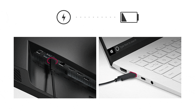 Mithilfe der USB Type-C™-Ladetechnologie können Sie einen Monitor mit Strom versorgen und gleichzeitig ein angeschlossenes Laptop aufladen (bis zu 90 W).