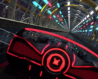 A car racing through multi color light tunnel at great speed in smooth motion with 160Hz refresh rate in comparison to the racing gaming with 60Hz