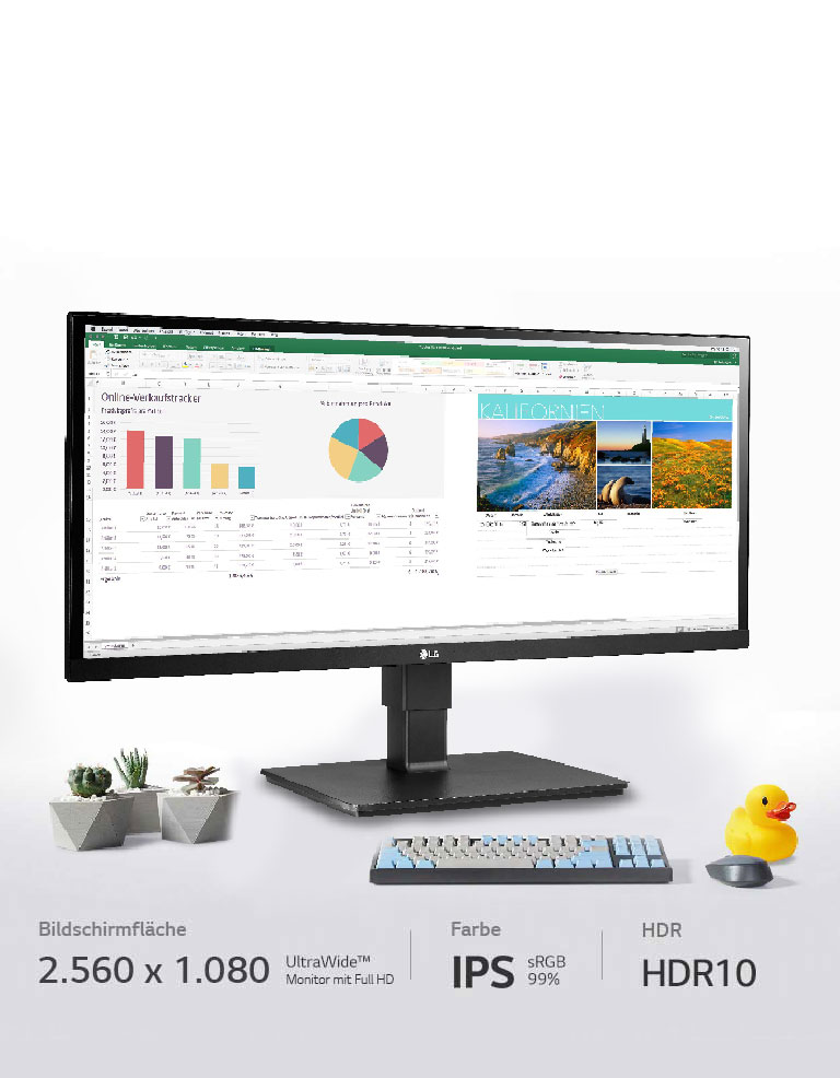 Der UltraWide™-Monitor mit Full HD (2.560 x 1.080), IPS, sRGB 99% und HDR10 lässt Sie mehr sehen und mehr erledigen.