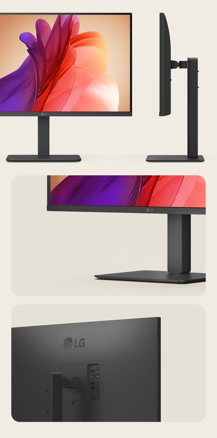 Vorderansicht, Seitenansicht und Detailansicht eines schwarzen LG Monitors mit elegantem Standfuß und minimalem Rückseitenpanel.
