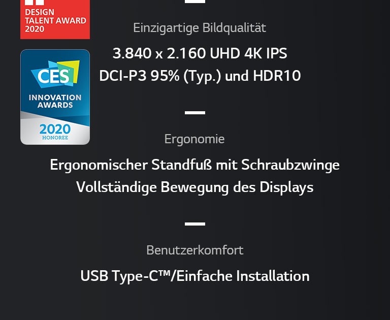 USP von 38UN880: 3.840 x 2.160 UHD 4K IPS, DCI-P3 95 % (Typ.) und HDR 10, ergonomischer Standfuß mit Schraubzwinge, vollständige Bewegung des Displays, USB Type-C™, Einfache Installation
