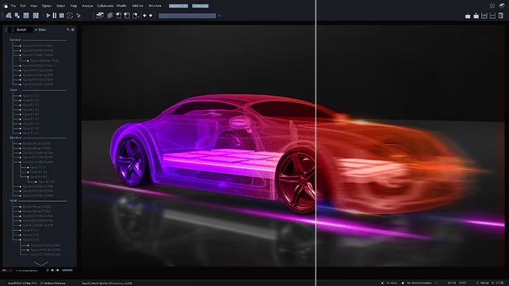 Eine 3D-Automodellierungsschnittstelle zeigt den Unterschied in der Bewegungsklarheit mit und ohne 120Hz refresh rate (Bildwiederholrate).