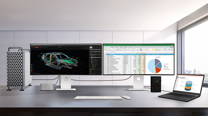 Animierter Vergleich einer Multi-Monitor-Workstation vor und nach der Kabelverbindung, der eine optimierte Konnektivität mit Thunderbolt und USB-C für Videobearbeitungs-, CAD- und Datenaufgaben veranschaulicht.