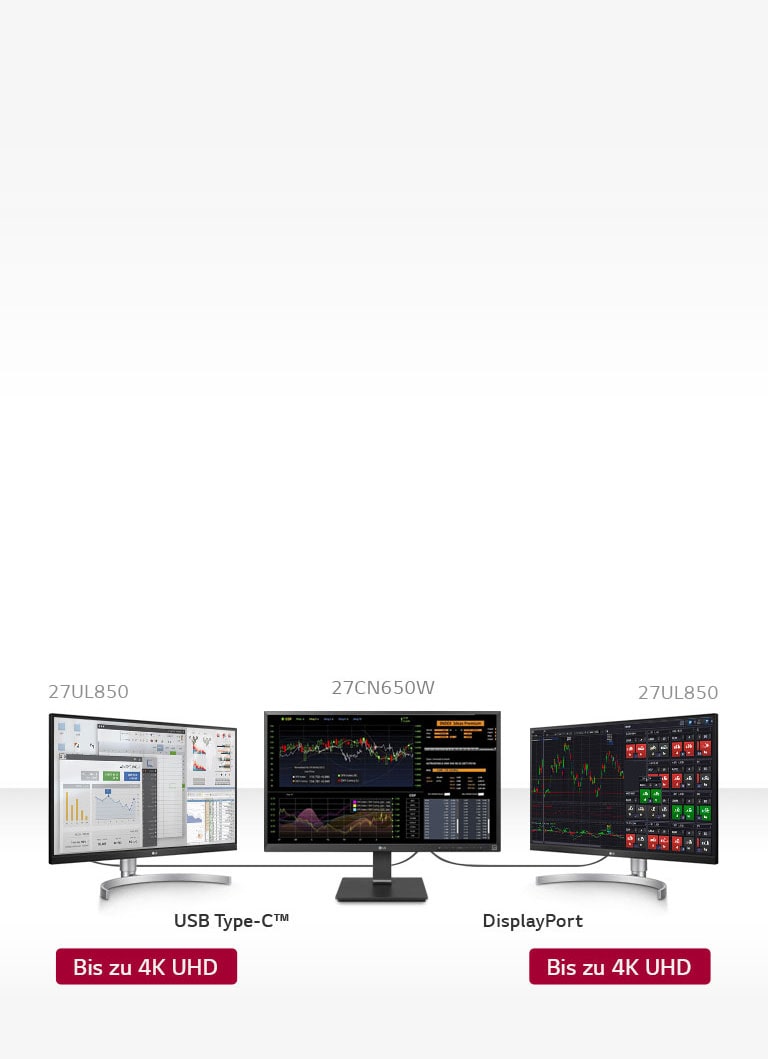 Konfiguration mit drei Monitoren, zwei davon sind 27UL850 Monitore.