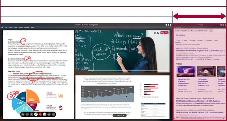 Mehr Platz auf dem 21:9 UltraWide-Display im Vergleich zu einem 16:9-Display mit einer laufenden Online-Klasse auf dem Bildschirm.