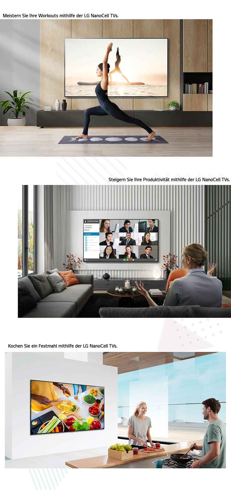 "Frau beim Yoga in der Mitte eines Raumes vor einem großen, an der Wand montierten Flachbildfernseher. Rückansicht einer Frau, die ein Videomeeting mit Teilnehmern abhält, die auf dem wandmontierten Flachbildfernseher angezeigt werden. Ein Mann und eine Frau kochen gemeinsam vor einem großen wandmontierten TV."