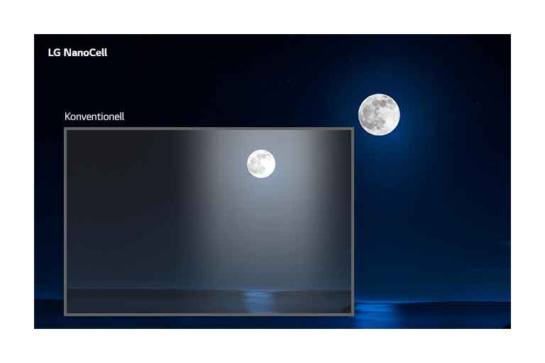 Dunkles Motiv mit dem Vollmond, der sich im Wasser spiegelt. Der Ausschnitt unten links zeigt das Bild auf einem konventionellen Fernseher mit Halo und weniger klaren Farben, das größere, das kleinere umgebende Bild zeigt die Szene auf dem LG NanoCell TV.