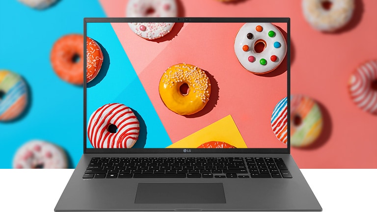 Auf dem Display des LG gram sind farbenfrohe Donuts zu sehen – dank des weiten Farbraums (99 % DCI-P3; typ.) wirken sie so echt, dass man hineinbeißen möchte.