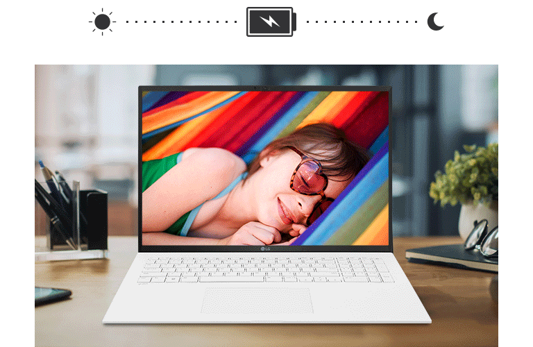 Wir sehen ein LG gram, das von früh bis spät ohne Stromzufuhr läuft.