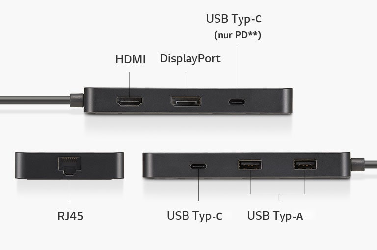 HDMI, DisplayPort, USB Type-C (nur PD**), RJ45, USB Type-C, USB Type-A.