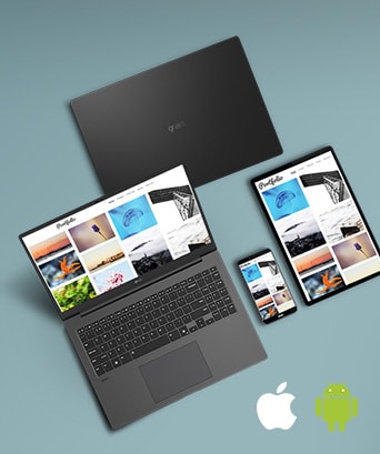 Das Bild zeigt einen LG gram Laptop, ein Tablet und ein Smartphone, die synchronisierte Inhalte anzeigen. Der Text lautet: „LG gram Link – Bleibe immer in Verbindung“ mit Apple- und Android-Logos unten rechts, um die geräteübergreifende Kompatibilität zu betonen.