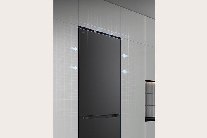 LG Unterer Gefrierschrank (GBBS726CPY) bündig in hohen Schränken mit auf die Oberseite & die vorderen Oberflächen zeigenden Pfeilen