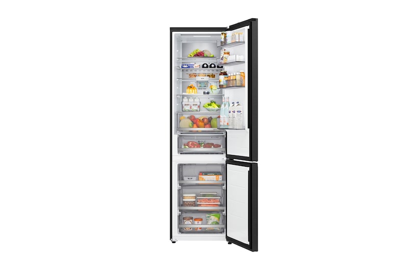 LG Unterer Gefrierschrank (GBBW726AEV) mit vollständiger Sicht auf die geöffnete Tür mit Sicht auf Kühlschrank- und Gefrierfächer