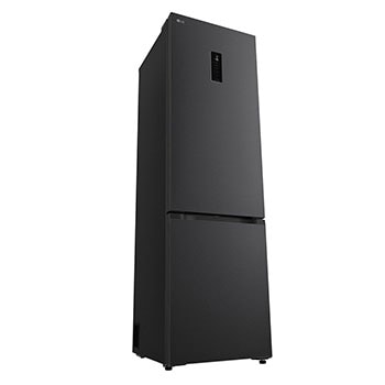 Das Regal des LG Kühl-/Gefrierschranks (GBBS726CPY) ist blau hervorgehoben und zeigt die Pfeile nach oben und unten. Abbildung rechts zeigt das gefaltete Regal mit zwei Wasserflaschen