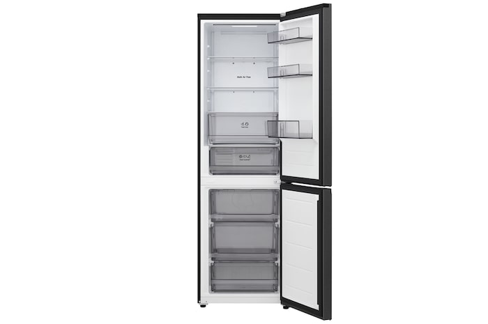 LG Unterer Gefrierschrank (GBBW726AEV) mit vollständiger Sicht auf die geöffnete Tür mit Sicht auf Kühlschrank- und Gefrierfächer