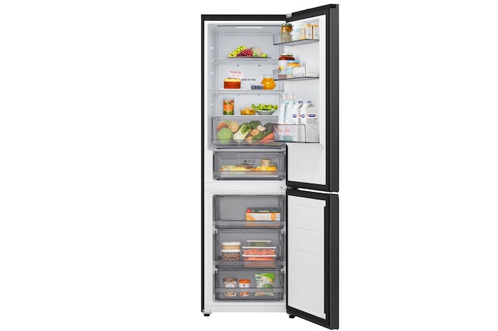 LG Unterer Gefrierschrank (GBBS726CPY) mit vollständiger Sicht auf die geöffnete Tür mit Sicht auf Kühlschrank- und Gefrierfächer