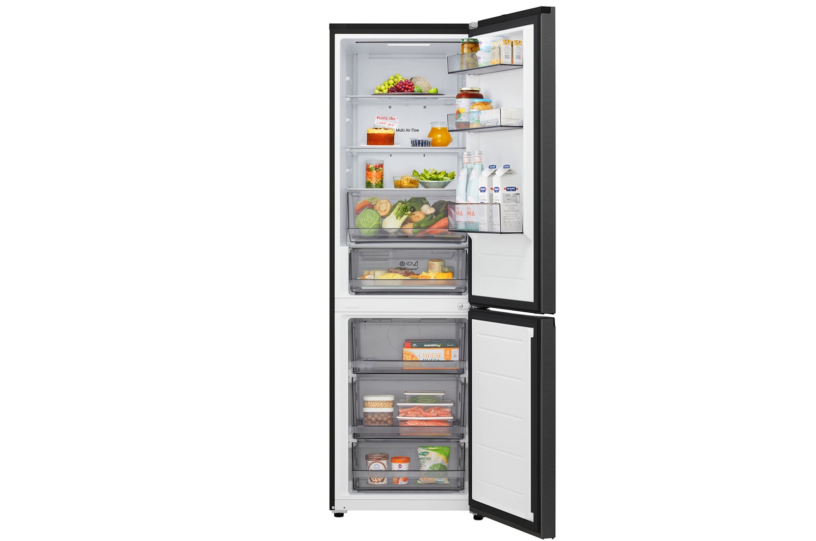 LG Unterer Gefrierschrank (GBBS726CPY) mit vollständiger Sicht auf die geöffnete Tür mit Sicht auf Kühlschrank- und Gefrierfächer