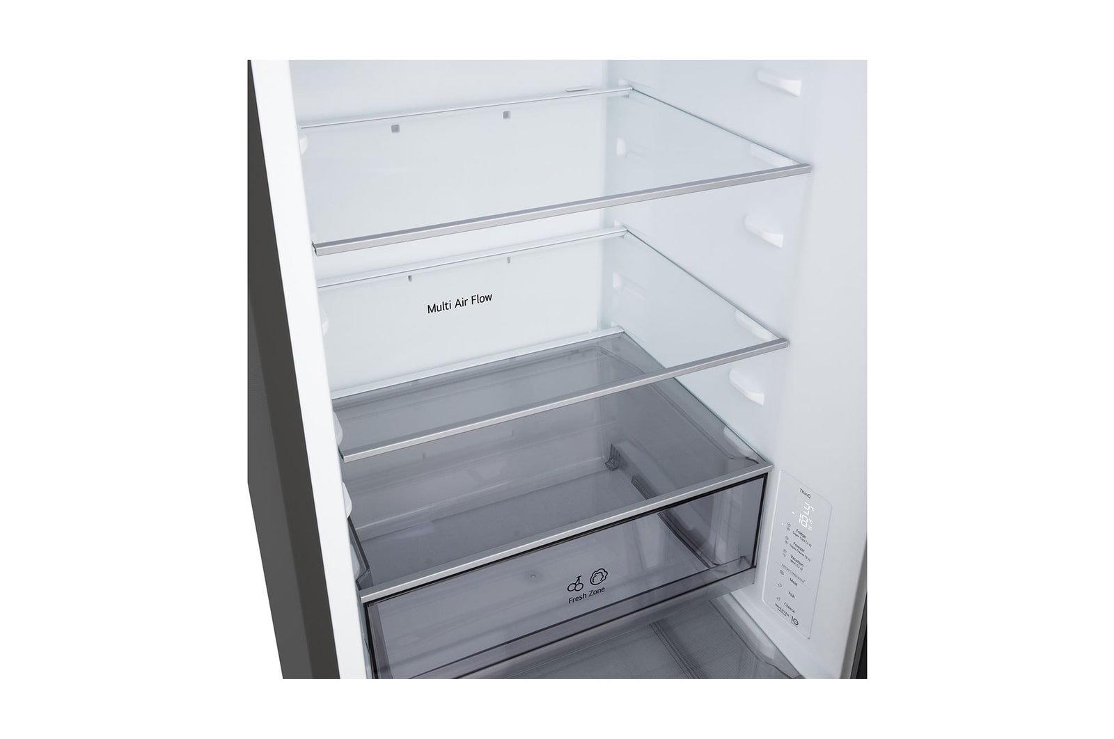 Auf der linken Seite Fleisch mit -3°C angezeigt, in der Mitte frischer Fisch mit 0°C und rechts Käse mit 2°C.