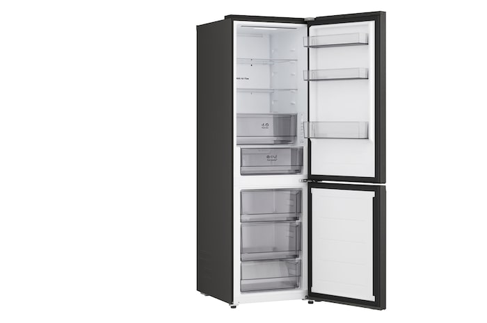 LG Unterer Gefrierschrank (GBBS726CPY) bündig installiert in hoher warmer beigefarbener Wand mit weißen Pfeilen, welche auf die Oberseite und die vorderen Oberflächen zeigen