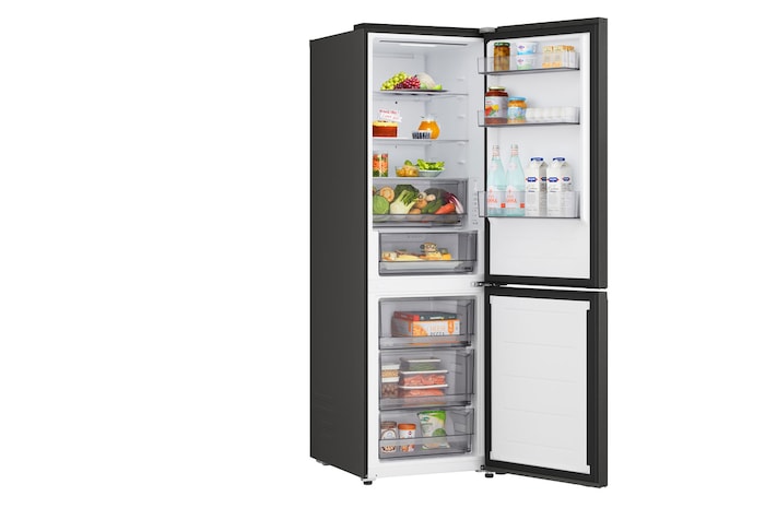 Nahaufnahme des LG Kühl-/Gefrierschrank (GBBS726CPY) Weinregals mit vier Flaschen und einer Schachtel Macarons mit im kreisförmigen Bild vergrößertem Gestelldesign