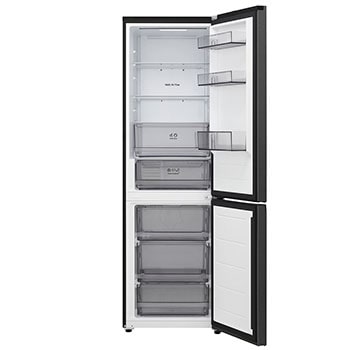 LG Unterer Gefrierschrank (GBBW726AEV) mit vollständiger Sicht auf die geöffnete Tür mit Sicht auf Kühlschrank- und Gefrierfächer