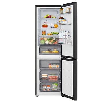LG Unterer Gefrierschrank (GBBS726CPY) mit vollständiger Sicht auf die geöffnete Tür mit Sicht auf Kühlschrank- und Gefrierfächer
