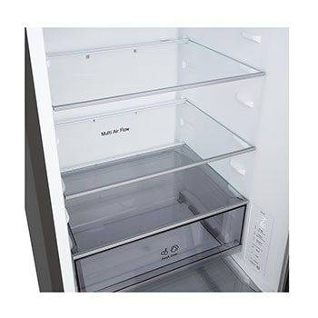 Auf der linken Seite Fleisch mit -3°C angezeigt, in der Mitte frischer Fisch mit 0°C und rechts Käse mit 2°C.