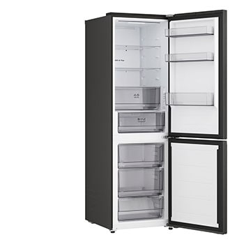 LG Unterer Gefrierschrank (GBBS726CPY) bündig installiert in hoher warmer beigefarbener Wand mit weißen Pfeilen, welche auf die Oberseite und die vorderen Oberflächen zeigen