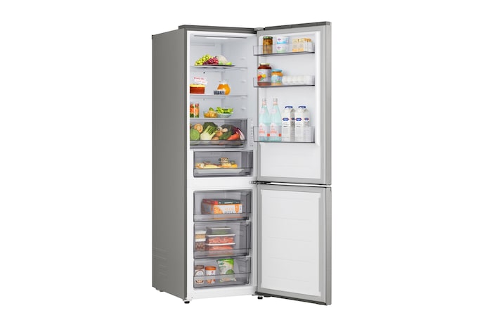 LG bottom freezer (GBBS726CPY) in living space with night city view overlaid with AI Saving Mode graphic and fluctuating energy chart