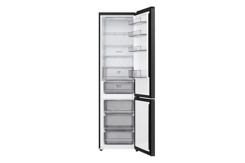 LG bottom freezer (GBBS726CEV) full door open view showing fridge and freezer compartments