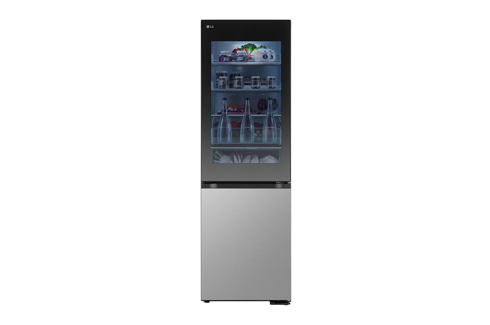 Vorderansicht der 349L InstaView™ Kühl-/Gefrierkombination mit Gefrierfach unten Essence Black Steel