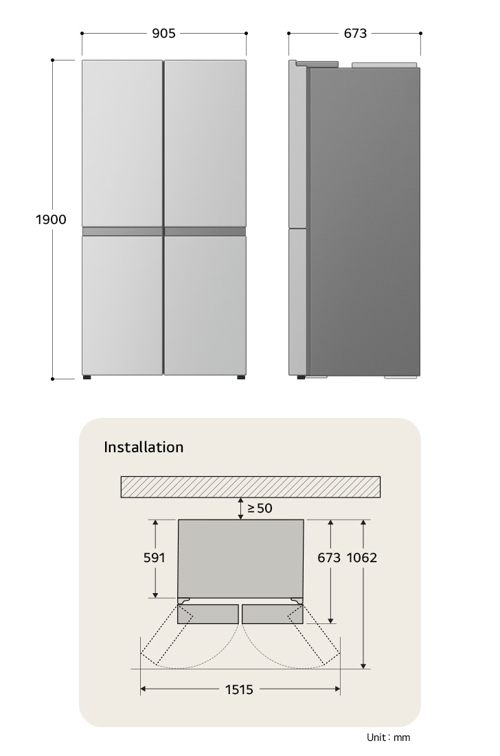Maß-
und Installationsschaubild des Kühlschranks zeigt die Abmessungen vorne und an
der Seite und die erforderlichen Freiräume in Millimetern.
