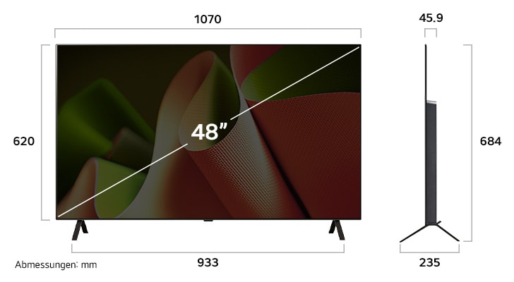 LG OLED evo AI B4 48" 4K Smart TV dimensions (mm): W 1070 H 684, D 235. Panel Depth 45.9. Front/Side view diagram.