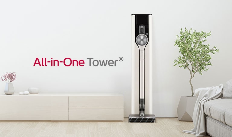 Hier wird eine Frontalaufnahme des A9 All-in-One Tower in einem modernen Wohnzimmer in Weißtönen gezeigt.