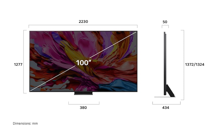 Frontansicht und Seitenansicht des LG QNED evo AI 4K Smart TV mit den Abmessungen Länge, Breite, Höhe und Tiefe.