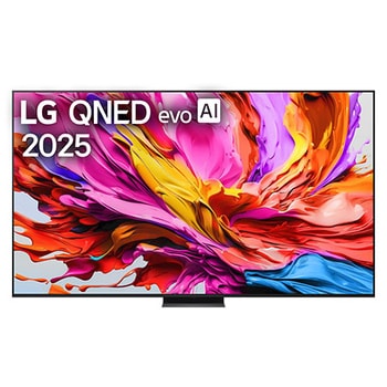 Frontansicht des LG QNED evo TV, LG QNED evo Al Logo in der oberen Ecke. LG QNED evo TV zeigt bunte Paintike-Texturen, die zusammenkommen.