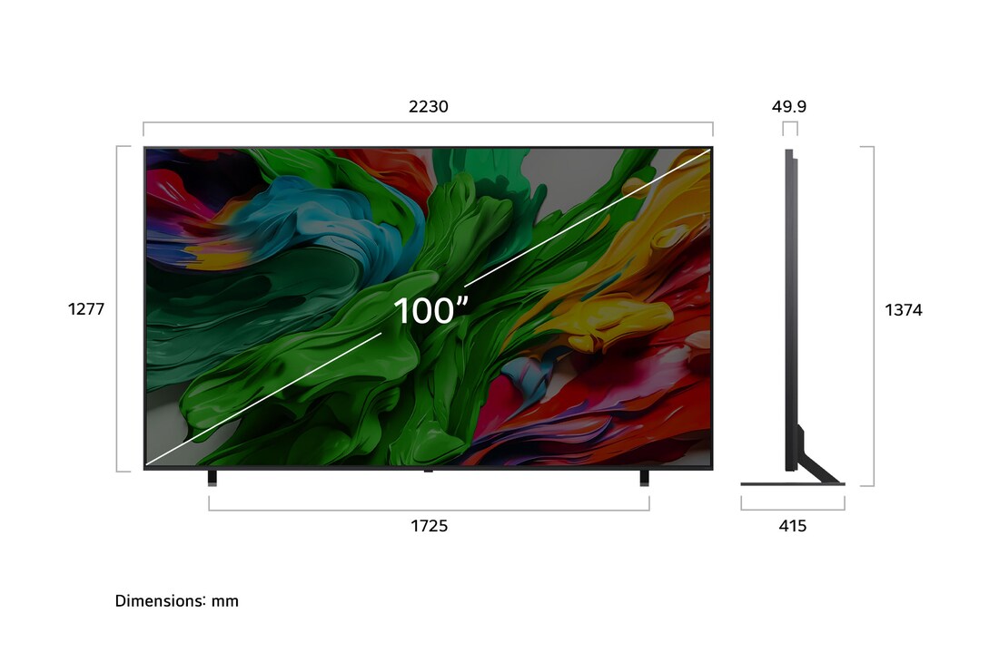 Frontansicht und Seitenansicht des LG QNED evo AI 4K Smart TV mit den Abmessungen Länge, Breite, Höhe und Tiefe.