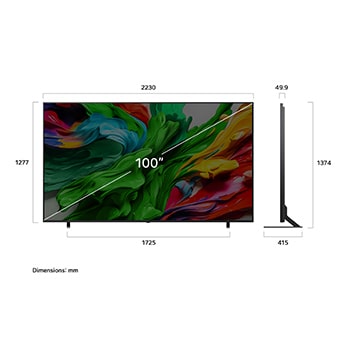 Frontansicht und Seitenansicht des LG QNED evo AI 4K Smart TV mit den Abmessungen Länge, Breite, Höhe und Tiefe.