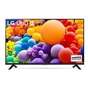 Vorderansicht des LG UHD TV, UT73 mit Text von LG UHD AI ThinQ und 2024 auf dem Bildschirm