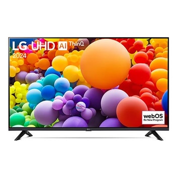 Vorderansicht des LG UHD TV, UT73 mit Text von LG UHD AI ThinQ und 2024 auf dem Bildschirm
