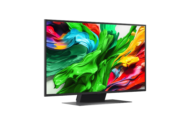 Leicht abgewinkelte Seitenansicht des LG QNED evo TV von rechts